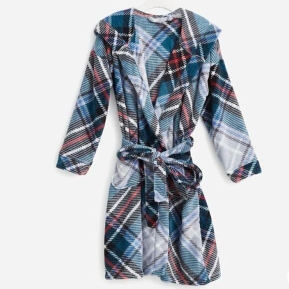 VERA BRADLEY Fleece Robe Hooded with Belt Snowy Plaid Blue Green Size S/M